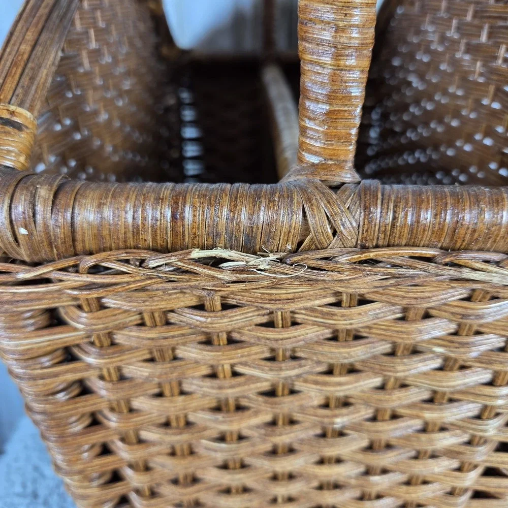 Vtg Divided Woven Wicker Storage Basket Rack Magazines Records Cottagecore Boho
